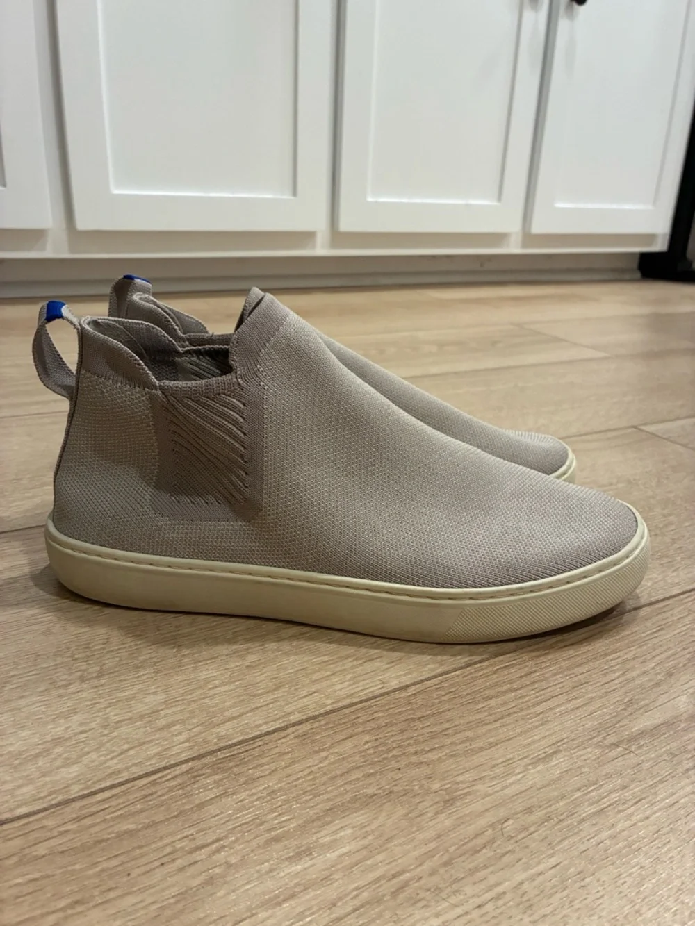 Rothy's Slip-On Sneakers in Light Taupe with Blue Pull Tab
